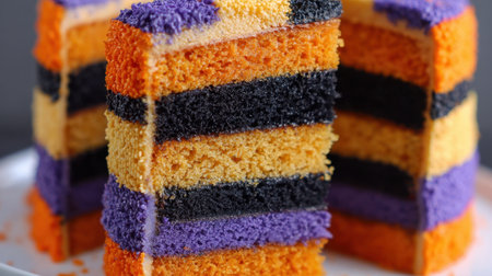 Delight in this colorful layered cake featuring vibrant stripes of orange, black, purple, and yellow. Perfect for Halloween festivities or any celebration!の素材