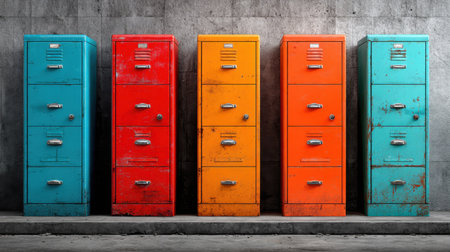 This image showcases a row of colorful vintage lockers against a textured concrete wall, highlighting an industrial and urban design suitable for various creative projects.の素材