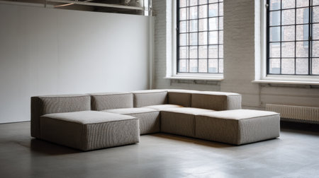 A modern modular sofa occupies a spacious urban room, featuring industrial design and large windows. The neutral palette enhances comfort and style.の素材