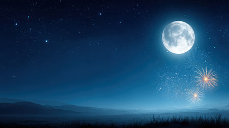 A stunning scene featuring a bright full moon above a gentle landscape, complemented by vibrant fireworks lighting up the night sky, creating a magical atmosphere.の素材