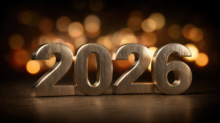 A stunning close-up of metallic numbers showing 2026, set against a soft bokeh background, evoking feelings of celebration and future aspirations.の素材