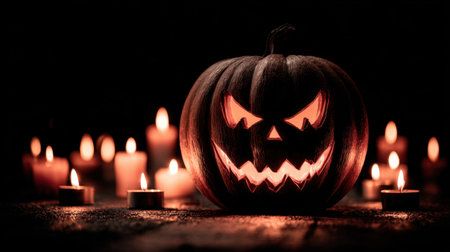 A menacing jack-o-lantern with a wicked grin is illuminated by the warm glow of flickering candles, creating an eerie atmosphere perfect for Halloween.の素材