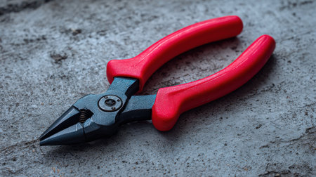 A close-up image of red handled pliers resting on a rough concrete surface, perfect for showcasing tools used in maintenance, repair, and DIY projects.の素材