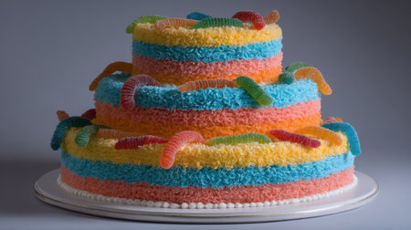 Delight in this vibrant two-tier cake topped with colorful gummy worms, perfect for festivities and joyful celebrations, enhancing any party atmosphere.の素材