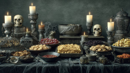 A captivating Halloween feast setup featuring a dark, eerie atmosphere filled with skulls, candles, delicious treats, and fruits, perfect for spooky celebrations.の素材