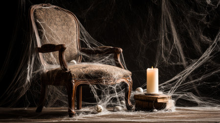 This image features a vintage armchair enveloped in cobwebs, accompanied by a flickering candle and stacked books, creating a haunting and mysterious ambiance.の素材