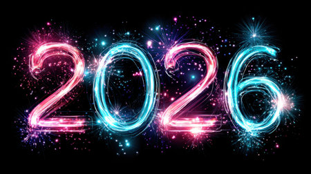 This vibrant image features colorful and sparkling numbers representing the year 2026, set against a black background. Fireworks illuminate the scene, evoking feelings of celebration and joy for the upcoming year. Perfect for New Yearの素材