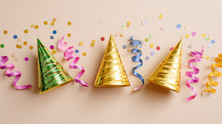 Delightful arrangement of colorful party hats and vibrant streamers on a light background. Ideal for festive occasions and joyful gatherings.の素材