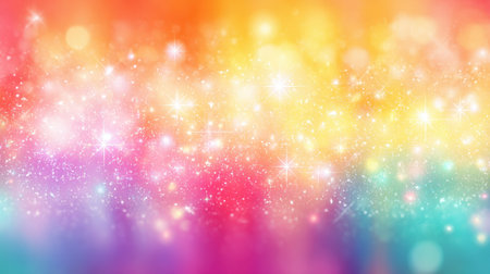 A vibrant and colorful abstract background featuring bokeh lights and sparkles. The gradient blends shades of pink, orange, yellow, and blue for a cheerful atmosphere. Perfect for creative projects.の素材