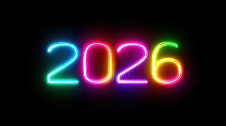 Vibrant neon numbers 2026 stand out against a dark background, creating an eye-catching visual perfect for celebrations, events, and future themes.の素材