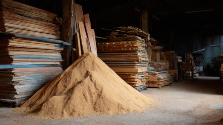 A significant heap of wood shavings rests on the floor of a workshop, surrounded by stacks of planks and lumber. The atmosphere is dimly lit, emphasizing the textures of the wood materials, perfect for design, craft, or renovation projects.の素材
