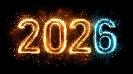 A vibrant representation of the year 2026 showcasing glowing numbers surrounded by sparkling lights and fireworks, setting a festive and celebratory tone.の素材