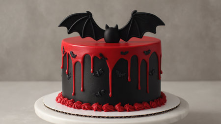 This spooky Halloween cake features a dark frosting with dramatic red drips and a striking bat decoration, perfect for festive celebrations and parties.の素材