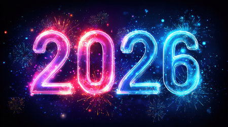 A vibrant depiction of the year 2026 with glowing numbers surrounded by colorful fireworks. This festive image captures the essence of celebration, perfect for New Year promotions.の素材
