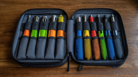 This image showcases a vibrant tool set neatly organized in a durable carry case, ideal for DIY enthusiasts and home repair tasks. Perfect for any toolbox!の素材