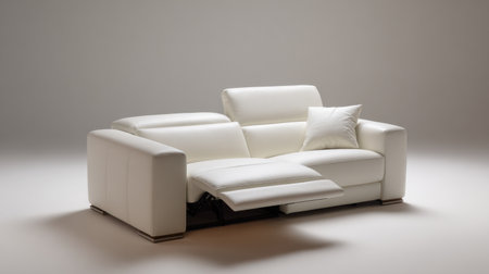 This modern white sofa features a reclining mechanism and a decorative pillow, perfect for enhancing a minimalist living space with comfort and elegance.の素材