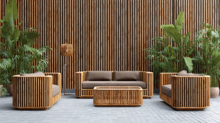 This serene indoor scene features modern rattan furniture paired with tropical plants, set against elegant wooden wall panels, creating a harmonious atmosphere.の素材