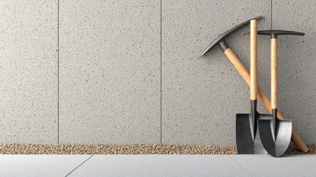 A set of construction and landscaping tools including a pick, shovel, and hoe arranged against a gray wall, showcasing a gravel surface. Perfect for DIY projects.の素材