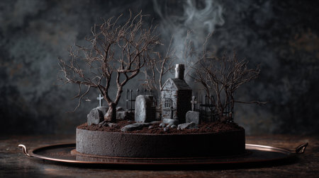 This artistic Halloween cake features a haunting graveyard scene complete with a spooky house, bare trees, and a mystical smoky atmosphere, perfect for celebrations.の素材