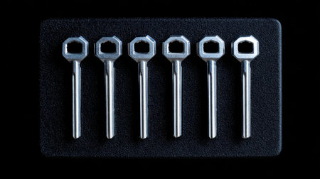 A visually striking image featuring a precise arrangement of six silver keys on a sleek, black surface, emphasizing security and modern design elements.の素材