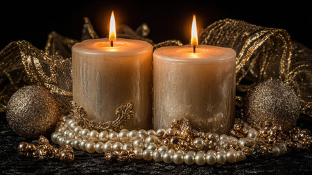 This captivating image features two lit candles exuding a warm glow amidst a backdrop of elegant ornaments and pearl strands, creating a serene and celebratory atmosphere.の素材