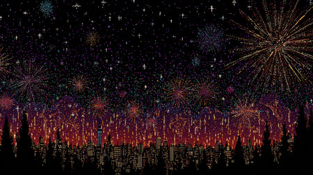 A stunning fireworks display lights up the night sky above a city skyline, featuring colorful bursts and sparkling stars, creating a festive atmosphere.の素材