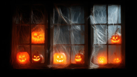 Enchanting scene of glowing Jack-o'-lanterns behind a cobwebbed window, creating a spooky yet warm ambiance for Halloween celebrations.の素材