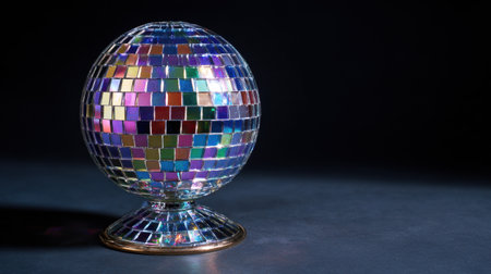 A stunning disco ball made of colorful glass reflecting light in a dark studio. Perfect for evoking a party atmosphere or adding artistic flair.の素材