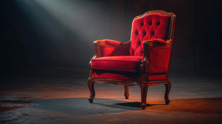 A stunning red velvet armchair with elegant wooden accents, illuminated by soft lighting, creating a dramatic atmosphere perfect for interior design inspiration.の素材
