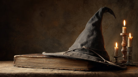 An enchanting scene featuring an open book and a worn witch hat resting on a table, illuminated by flickering candlelight that creates a mystical atmosphere.の素材