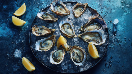 A mouthwatering arrangement of fresh oysters served on ice, accompanied by vibrant lemon slices, perfect for a gourmet seafood feast or elegant dining.の素材