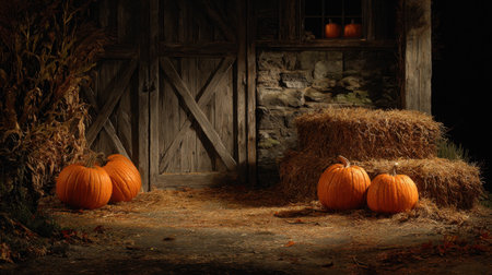 A picturesque autumn scene featuring vibrant orange pumpkins and straw bales against a rustic wooden backdrop, perfect for seasonal decor and harvest celebrations.の素材