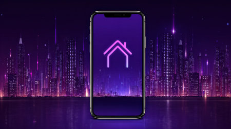 A sleek smartphone showing a home icon on its screen against a vibrant neon city skyline, featuring rich purple hues and modern design elements.の素材