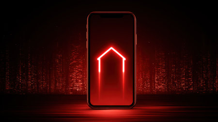 A captivating image featuring a smartphone displaying a glowing red house icon against a dark background, emphasizing modern technology and digital aesthetics.の素材