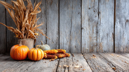 This cozy autumn scene features vibrant pumpkins, colorful corn, and dried foliage against a weathered wooden backdrop, perfect for seasonal decor.の素材