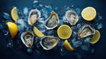 A stunning display of freshly shucked oysters resting on ice with vibrant lemon wedges. Ideal for seafood lovers and culinary enthusiasts, this image highlights freshness and gourmet dining experiences.の素材