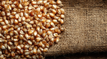 A close-up image showcasing raw corn kernels arranged on rustic burlap fabric, perfect for agricultural themes, culinary projects, or food sustainability concepts.の素材