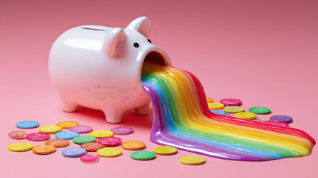 A whimsical piggy bank spills vibrant rainbow-colored slime alongside colorful candy on a soft pink background, creating a playful financial saving concept.の素材