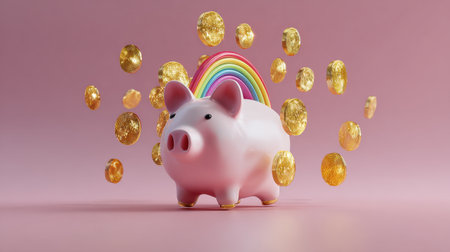 Adorable piggy bank featuring a rainbow design, surrounded by vibrant golden coins on a soft pink background, symbolizing fun in savings and finance.の素材