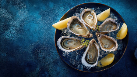 Indulge in a delicious plate of freshly shucked oysters served on ice, garnished with lemon wedges, perfect for any gourmet seafood lover.の素材