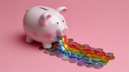 A charming piggy bank spills vibrant coins in a rainbow sequence on a soft pink background, capturing the essence of savings and joy in finance.の素材