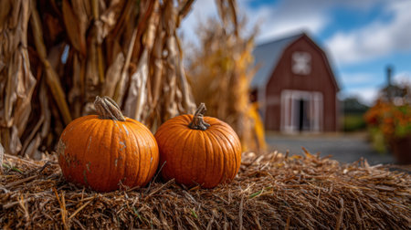 This image captures a serene autumn harvest scene featuring two vibrant orange pumpkins resting atop hay bales with a rustic red barn in the background.の素材
