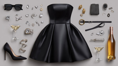 A stunning display featuring an elegant black dress surrounded by luxurious accessories, creating a perfect setting for fashion events and celebrations.の素材