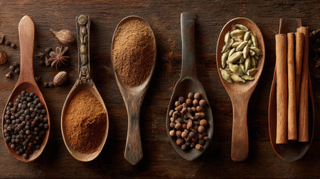 Close-up view of assorted spices displayed on wooden spoons against a rustic background, showcasing rich textures and vibrant colors for culinary inspiration.の素材