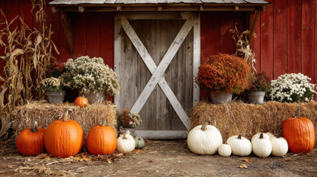 A picturesque autumn harvest scene featuring vibrant orange and white pumpkins displayed on hay bales with a rustic barn door. Bright flowers add seasonal charm.の素材