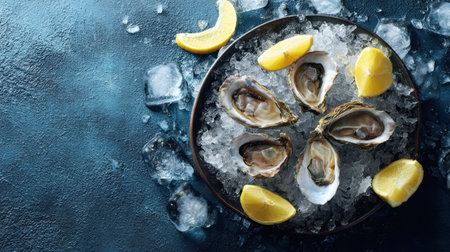 An artistic arrangement of freshly shucked oysters on a bed of ice, garnished with lemon wedges, perfect for a seafood feast or a gourmet dining experience.の素材