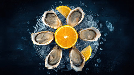 A stunning arrangement of fresh oysters on a bed of ice, paired with vibrant orange slices, perfect for an elegant gourmet dining experience.の素材