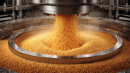 A dynamic close-up view of orange granules flowing from industrial machinery, showcasing the texture and movement in a modern factory environment.の素材