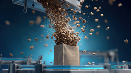 An automated packaging process captures granola cereal in mid-air as it is filled into a brown bag, showcasing the innovative manufacturing environment with dynamic flow.の素材