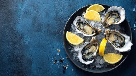A stunning arrangement of fresh oysters served on ice with vibrant lemon slices, set against a striking dark blue background, ideal for food lovers.の素材